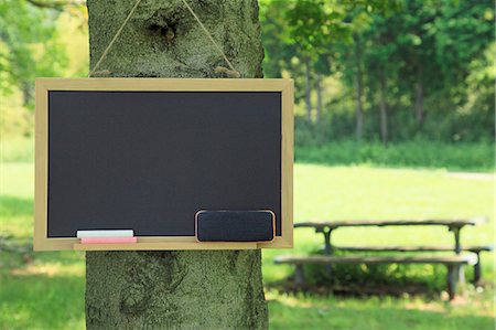 Blackboard hanging on a tree in the forest Photographie de stock - Premium Libres de Droits, Code: 622-06809717