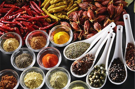 spoon line - Assorted spices Stock Photo - Premium Royalty-Free, Code: 622-08007214