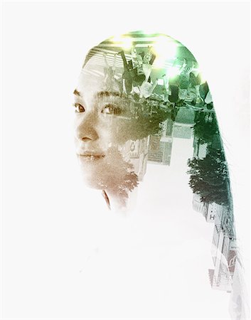 Double exposure of young woman and cityscape Foto de stock - Sin royalties Premium, Código: 622-08723347