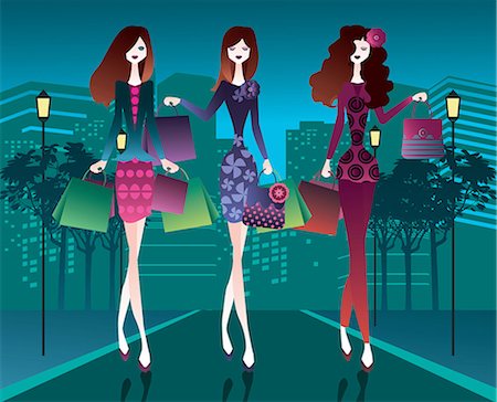 fashion female illustration - Three women carrying shopping bags Stock Photo - Premium Royalty-Free, Code: 630-06724035