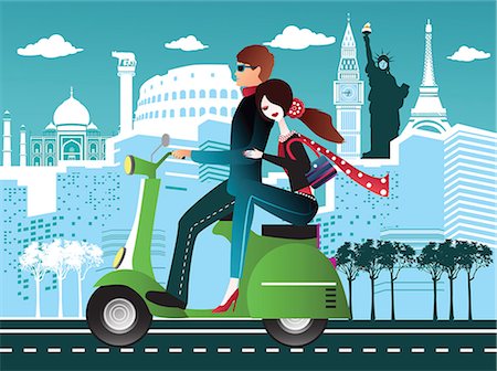 Couple riding a scooter with some international tourist attractions in the background Foto de stock - Sin royalties Premium, Código: 630-06724068