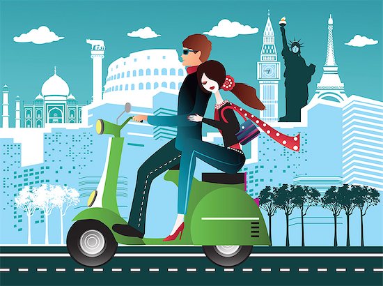 Couple riding a scooter with some international tourist attractions in the background Stock Photo - Premium Royalty-Free, Image code: 630-06724068