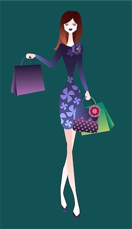 fashion female illustration - Woman carrying shopping bags and walking Stock Photo - Premium Royalty-Free, Code: 630-06724062