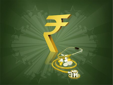 Indian rupee symbol with stethoscope and pills Stock Photo - Premium Royalty-Free, Code: 630-06724088