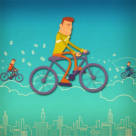 dollar sign and building illustration - Business executives riding bicycles on clouds Stock Photo - Premium Royalty-Free, Code: 630-06724123
