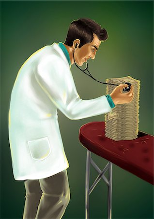 simsearch:630-06724129,k - Doctor examining a pile of money with a stethoscope Foto de stock - Royalty Free Premium, Número: 630-06724411