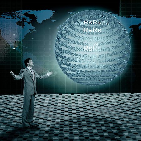 simsearch:630-06722196,k - Businessman standing in front a globe with rupee symbols Foto de stock - Sin royalties Premium, Código: 630-06723515