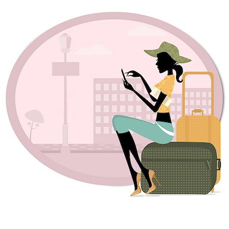 street illustration - Woman sitting with her luggage and using a mobile phone Stock Photo - Premium Royalty-Free, Code: 630-06723600