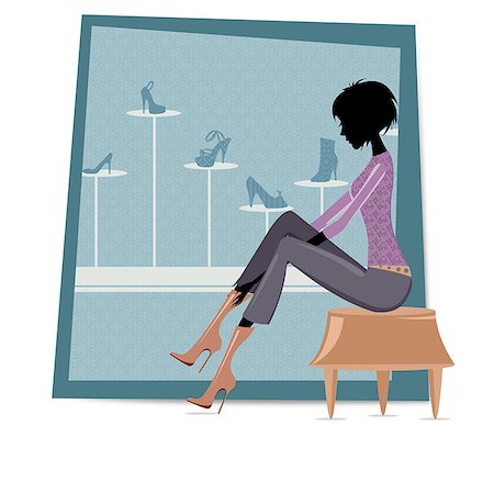 fashion illustration in sitting - Woman trying on footwear in a shoe store Stock Photo - Premium Royalty-Free, Code: 630-06723618