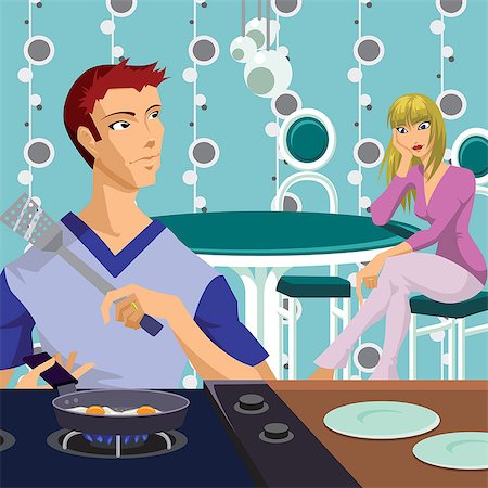 Man cooking omelet for his wife waiting in background Stock Photo - Premium Royalty-Free, Code: 630-06723662