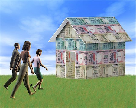 family walk sky not beach not shorts - Family walking towards a home covering with rupees Stock Photo - Premium Royalty-Free, Code: 630-06723749