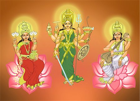 Goddess Durga with goddess Lakshmi and goddess Saraswati Photographie de stock - Premium Libres de Droits, Code: 630-06723774
