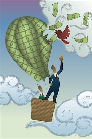 Two businessmen in a hot air balloon of money being burst by a bird Stock Photo - Premium Royalty-Free, Code: 630-06723818