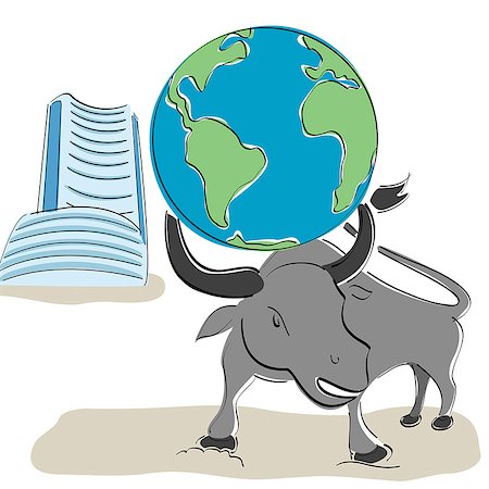 financial page - Globe on bull's head with Bombay stock exchange building in the background Stock Photo - Premium Royalty-Free, Code: 630-06723825