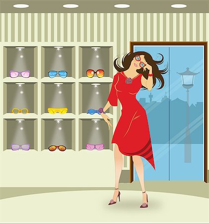 fashion illustration design - Woman shopping for sunglasses in a store Stock Photo - Premium Royalty-Free, Code: 630-06723848