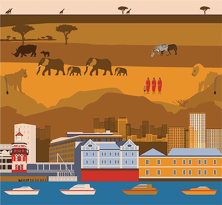 simsearch:630-06724238,k - Montage of Cape Town waterfront with South African wildlife and tribal people Stock Photo - Premium Royalty-Free, Code: 630-06723947