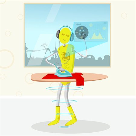 robot - Robot listening to music and ironing clothes Photographie de stock - Premium Libres de Droits, Code: 630-06723964
