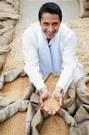 Man holding wheat grains from a sack in his cupped hands, Anaj Mandi, Sohna, Gurgaon, Haryana, India Foto de stock - Sin royalties Premium, Código: 630-07071184