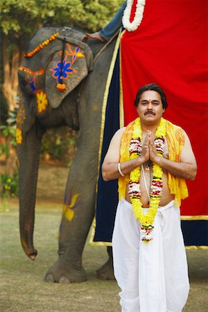 elephant indian costume - Priest standing in a prayer position beside an elephant Stock Photo - Premium Royalty-Free, Code: 630-01077263