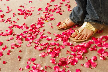 female jeans and slippers - Low section view of a woman standing with rose petals scattered around Stock Photo - Premium Royalty-Free, Code: 630-01127071