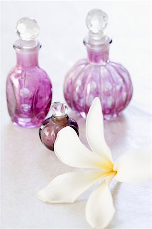 plumeria - Gros plan d'une fleur blanche avec trois bouteilles d'huile Photographie de stock - Premium Libres de Droits, Code: 630-01708271