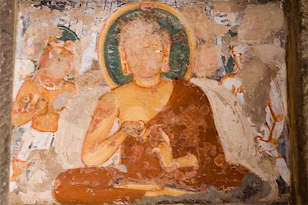 Fresko des Buddha an der Wand einer Höhle, Ajanta, Maharashtra, Indien Stockbilder - Premium RF Lizenzfrei, Bildnummer: 630-01708843