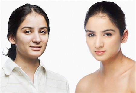 face images indian women - Woman's face before and after make-up Stock Photo - Premium Royalty-Free, Code: 630-03480240