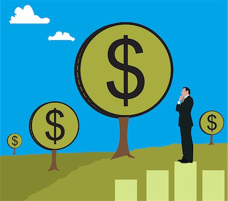 Businessman standing on a bar graph looking at a money tree Stock Photo - Premium Royalty-Free, Code: 630-03481315