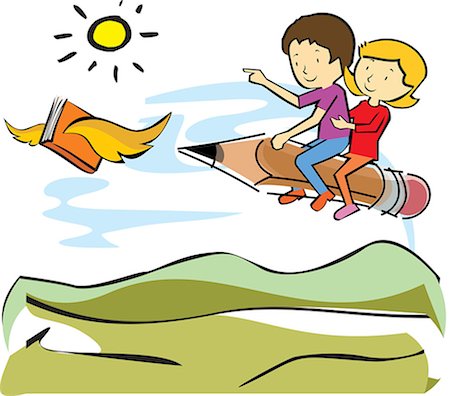 pencil illustration - Children riding a pencil flying behind a book Stock Photo - Premium Royalty-Free, Code: 630-03481351