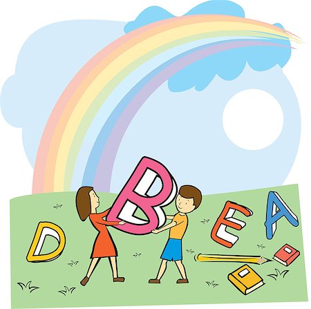 Boy and a girl playing with alphabets with a rainbow in the sky Stock Photo - Premium Royalty-Free, Code: 630-03481352