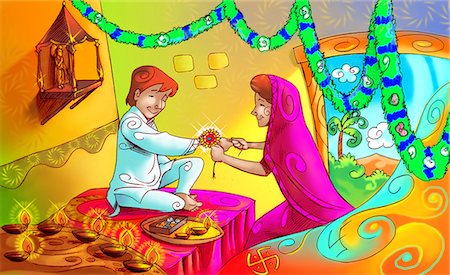 Woman tying rakhi on the wrist of her brother Stock Photo - Premium Royalty-Free, Code: 630-03481393