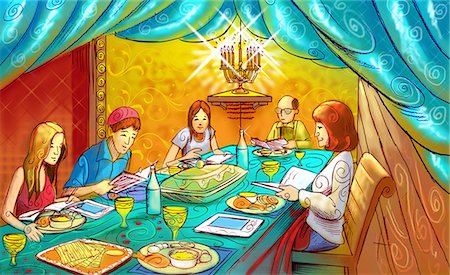 simsearch:630-03479996,k - Family at a dining table celebrating Passover festival Stock Photo - Premium Royalty-Free, Code: 630-03481405
