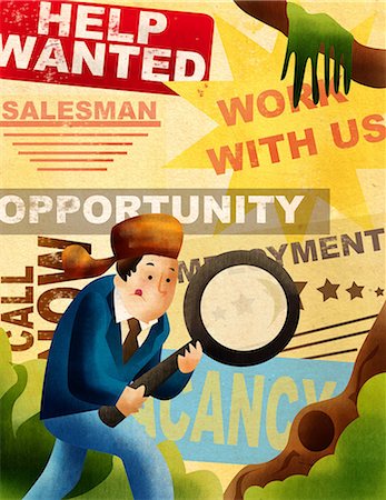 publicity - Man searching job with holding magnifying glass Foto de stock - Sin royalties Premium, Código: 630-03481457