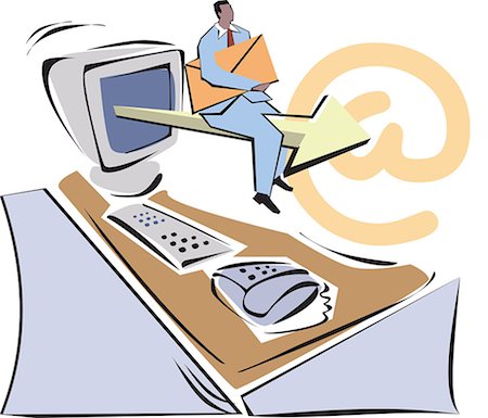 Man sitting on an arrow coming from computer monitor and holding email Foto de stock - Sin royalties Premium, Código: 630-03481476