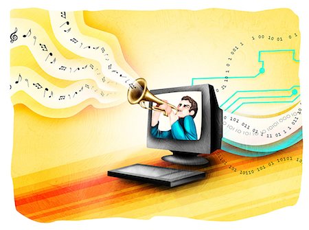 simsearch:857-03192822,k - Man playing a trumpet in a computer Stock Photo - Premium Royalty-Free, Code: 630-03481526