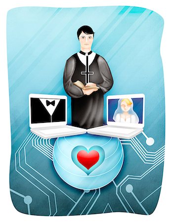 formal communication clipart - Bride and groom with officiate during online marriage Stock Photo - Premium Royalty-Free, Code: 630-03481531