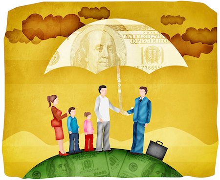 family problems - Illustration of Family with Sales Representative Standing Under Umbrella Stock Photo - Premium Royalty-Free, Code: 630-03481802