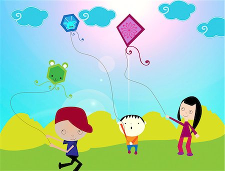 friendship day clip art - Children flying kites in a field Stock Photo - Premium Royalty-Free, Code: 630-03481862