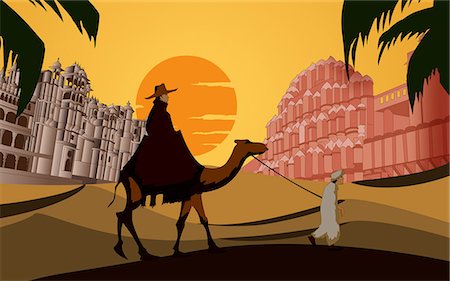 sunshine illustration - Tourist riding a camel in front a palace, Hawa Mahal, Jaipur, Rajasthan, India Stock Photo - Premium Royalty-Free, Code: 630-03482199