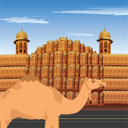 Camel standing in front of palace, Hawa Mahal, Jaipur, Rajasthan, India Foto de stock - Sin royalties Premium, Código: 630-03482235