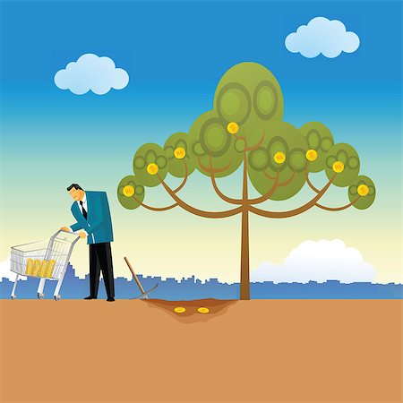 simsearch:630-03482243,k - Man pushing coins in a cart collected from a money tree Stock Photo - Premium Royalty-Free, Code: 630-03482259