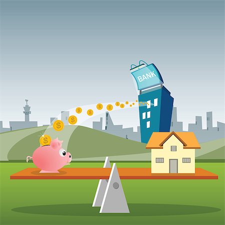 dollar sign and building illustration - Model home and a piggy bank on a seesaw Foto de stock - Sin royalties Premium, Código: 630-03482304