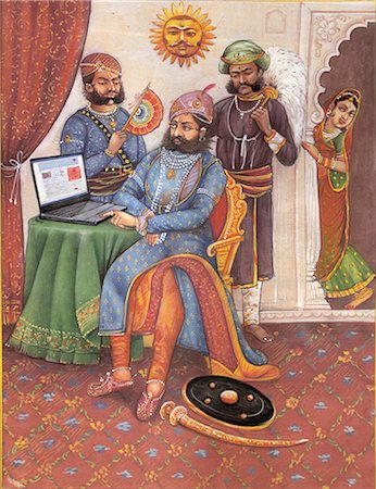 Painting of a Rajasthani king using a laptop, Rajasthan, India Stock Photo - Premium Royalty-Free, Code: 630-03482308