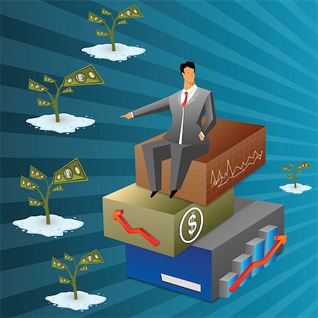 dólar - Businessman sitting on boxes and pointing towards money plants Foto de stock - Sin royalties Premium, Código: 630-03482357