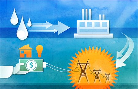 electricity business - Illustrative representation showing production and distribution of hydroelectricity Stock Photo - Premium Royalty-Free, Code: 630-03482392