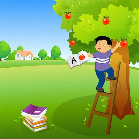 Boy holding a book and climbing an apple tree Foto de stock - Sin royalties Premium, Código: 630-03482417