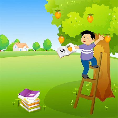 Garçon tenant un livre et en grimpant dans un arbre de mangue Photographie de stock - Premium Libres de Droits, Code: 630-03482426