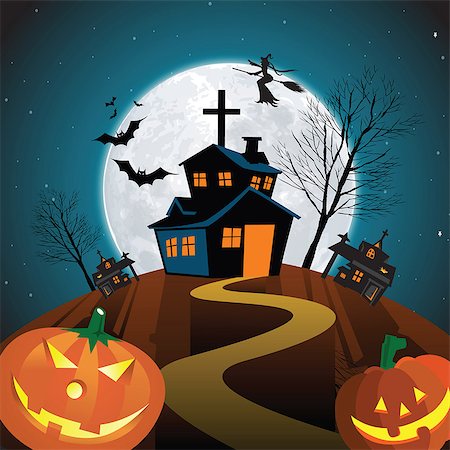 fantasy animal - Church with witch and bats flying in front full moon Stock Photo - Premium Royalty-Free, Code: 630-03482430