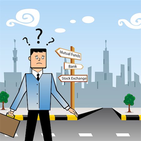 person thinking with question mark'''''''' - Businessman standing near a signboard and looking confused for investment Stock Photo - Premium Royalty-Free, Code: 630-03482452