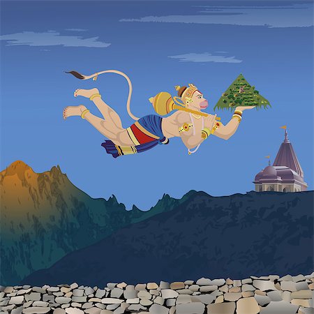 Lord Hanuman flying with Dronagiri mountain Foto de stock - Sin royalties Premium, Código: 630-03482491